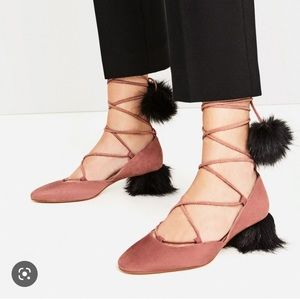 Zara suede lace-up tasseled mid-heel shoes